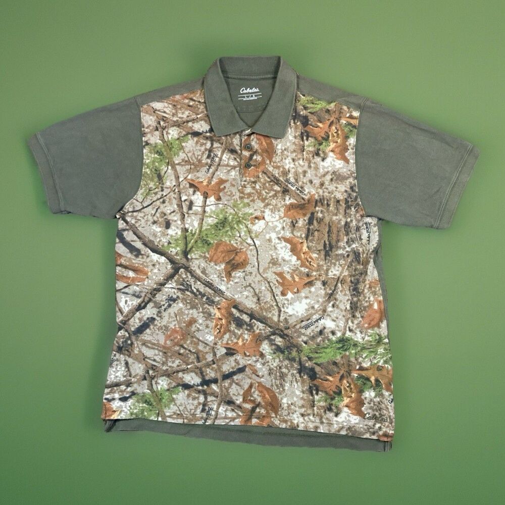 Cabela's Realtree Camouflage Polo Shirt Mens Large Beige Green Camo Sleeve
